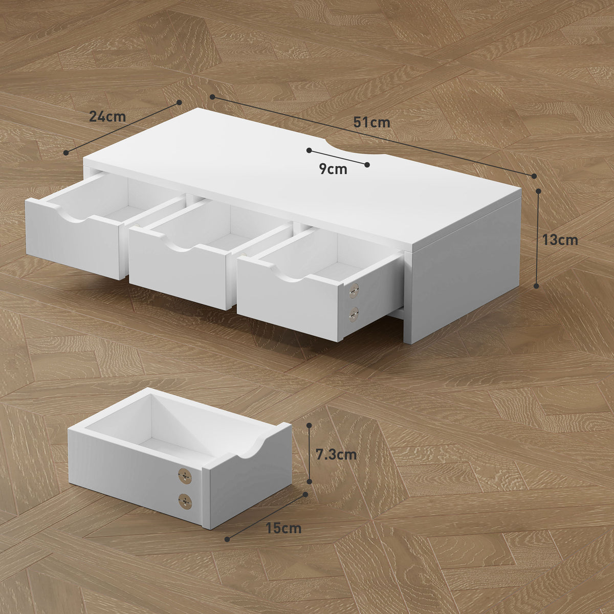 Monitor riser drawers open