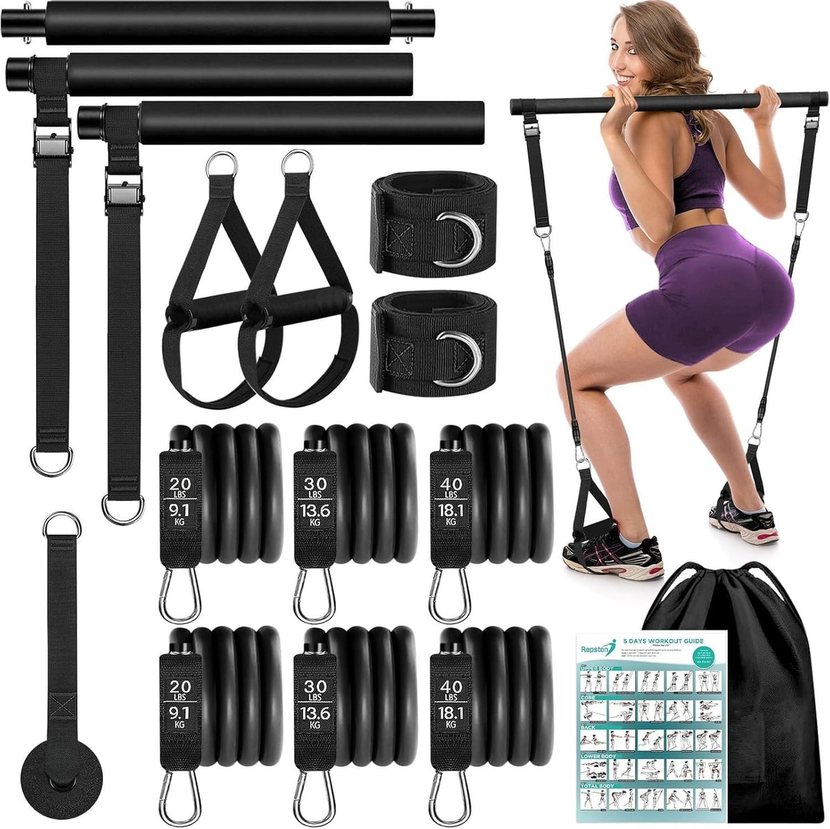 Pilates bar kit with 6 resistance bands